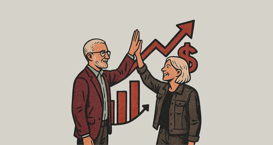 Graph showing an increase in sales for two small business owners who high five each other